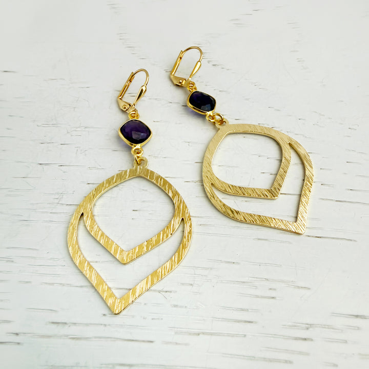 Amethyst Layered Marquise Earrings in Brushed Gold