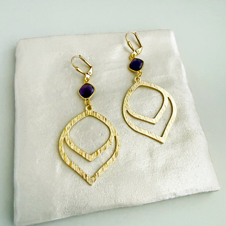Amethyst Layered Marquise Earrings in Brushed Gold