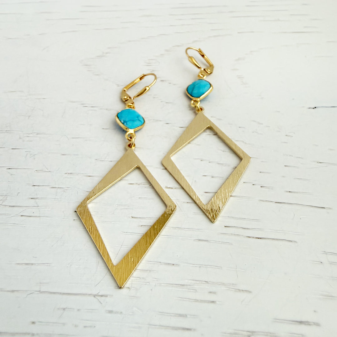 Turquoise Diamond Dangle Earrings in Brushed Gold