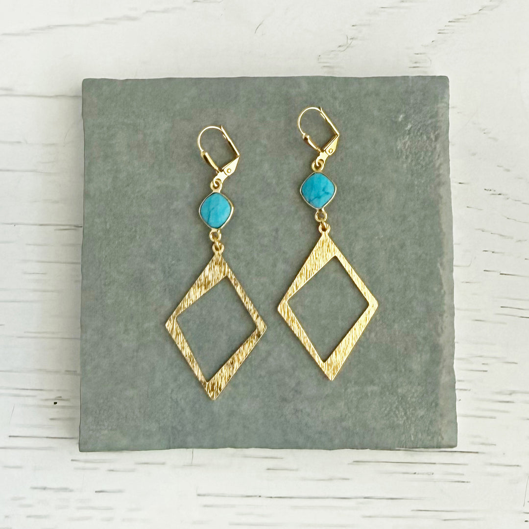 Turquoise Diamond Dangle Earrings in Brushed Gold