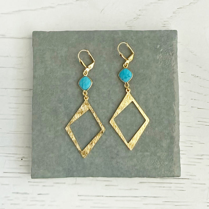 Turquoise Diamond Dangle Earrings in Brushed Gold