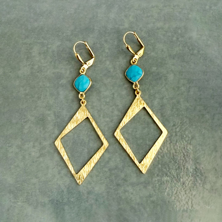 Turquoise Diamond Dangle Earrings in Brushed Gold