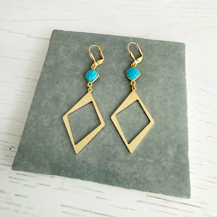 Turquoise Diamond Dangle Earrings in Brushed Gold