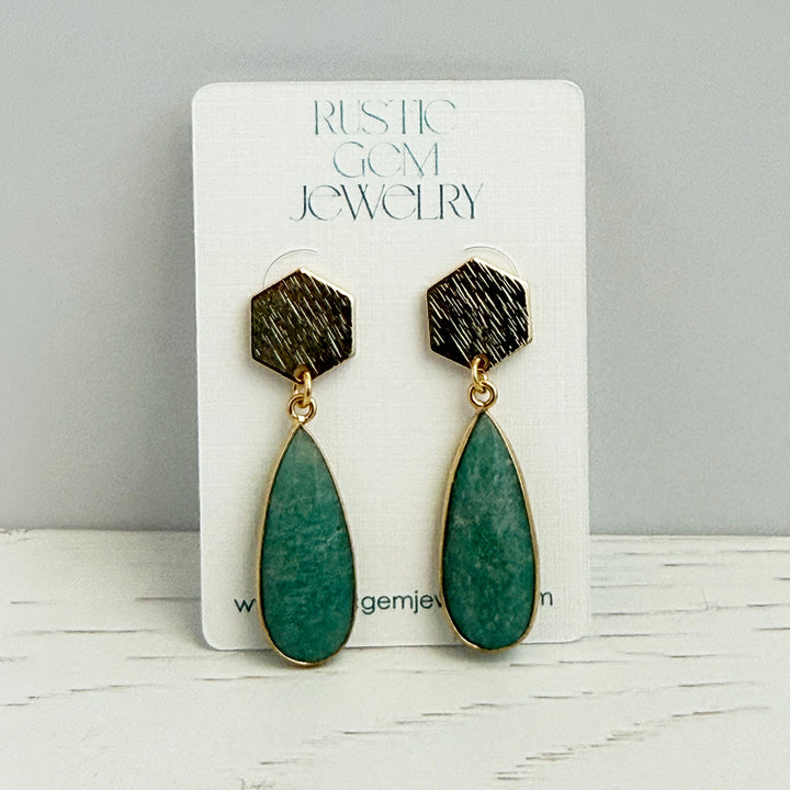 Amazonite Teardrop and Hexagon Post Earrings in Brushed Gold