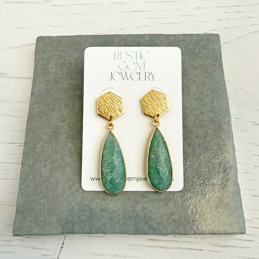 Amazonite Teardrop and Hexagon Post Earrings in Brushed Gold