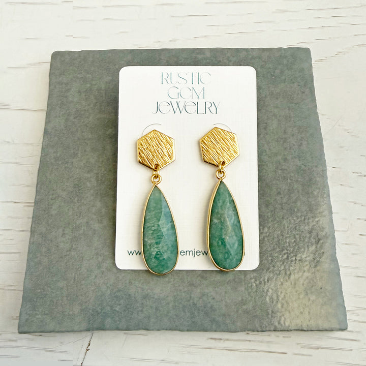 Amazonite Teardrop and Hexagon Post Earrings in Brushed Gold