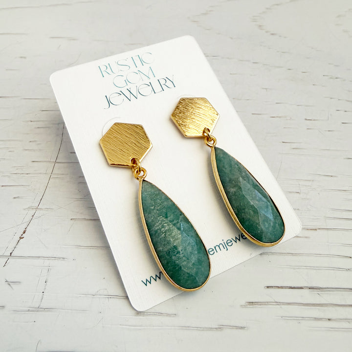 Amazonite Teardrop and Hexagon Post Earrings in Brushed Gold
