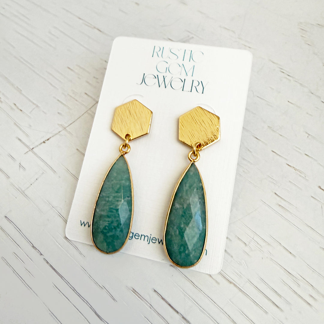Amazonite Teardrop and Hexagon Post Earrings in Brushed Gold