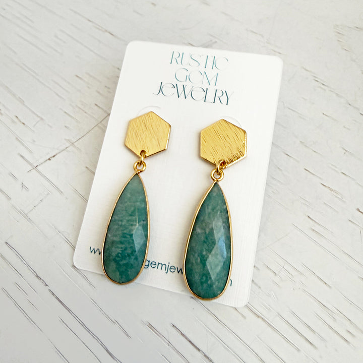 Amazonite Teardrop and Hexagon Post Earrings in Brushed Gold