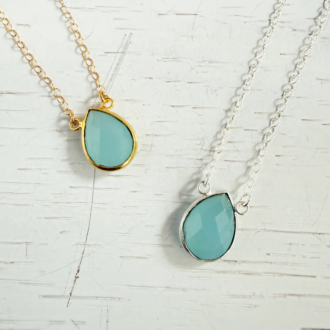 Aqua Blue Teardrop Bezel Necklace