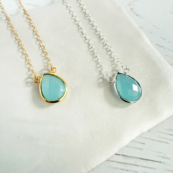 Aqua Blue Teardrop Bezel Necklace