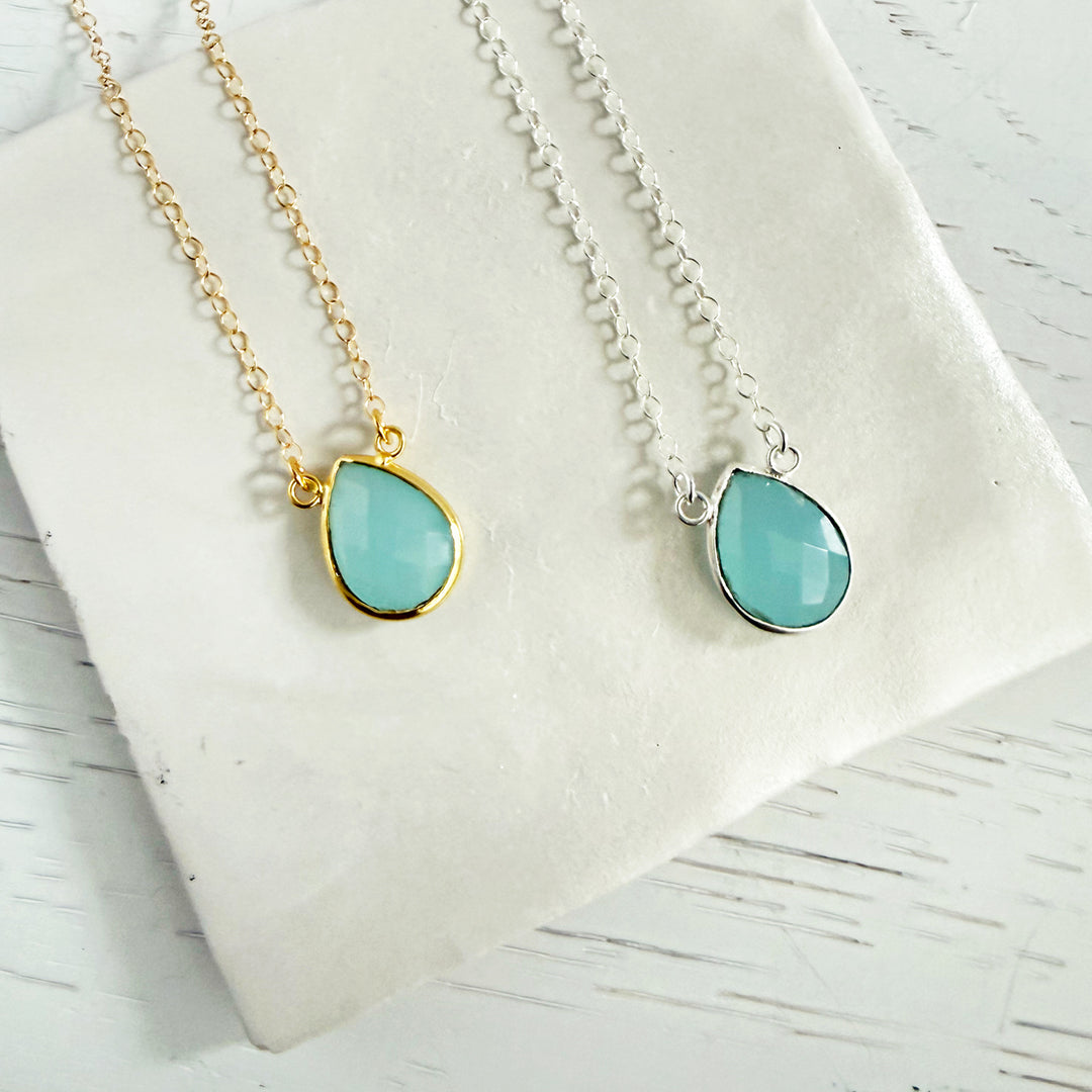 Aqua Blue Teardrop Bezel Necklace