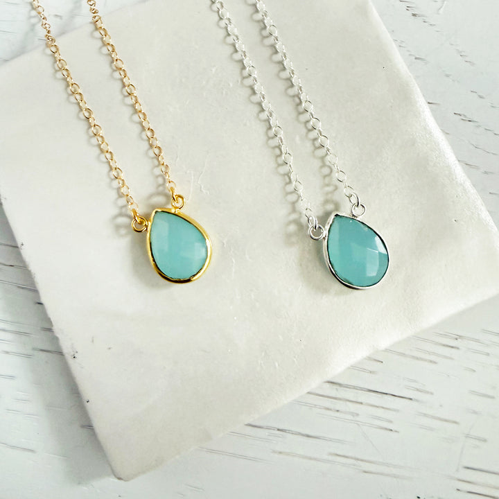 Aqua Blue Teardrop Bezel Necklace