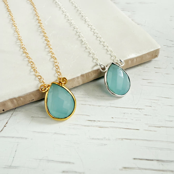 Aqua Blue Teardrop Bezel Necklace