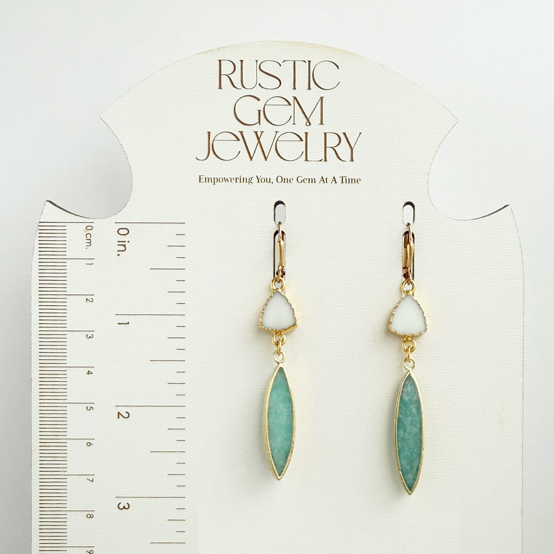 Amazonite and White Agate Stone Drop Earrings in Gold