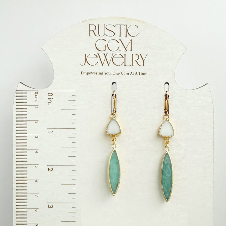 Amazonite and White Agate Stone Drop Earrings in Gold
