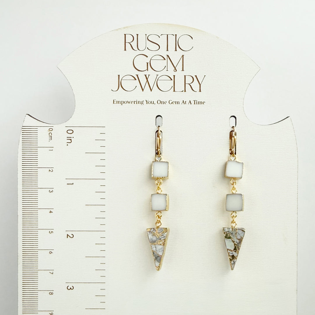 Long White Agate and Mojave Triangle Drop Earrings in Gold