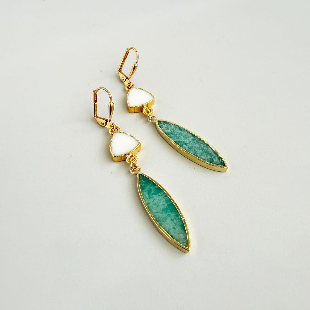 Amazonite and White Agate Stone Drop Earrings in Gold