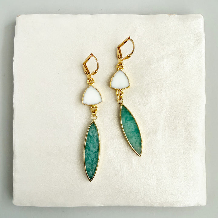 Amazonite and White Agate Stone Drop Earrings in Gold