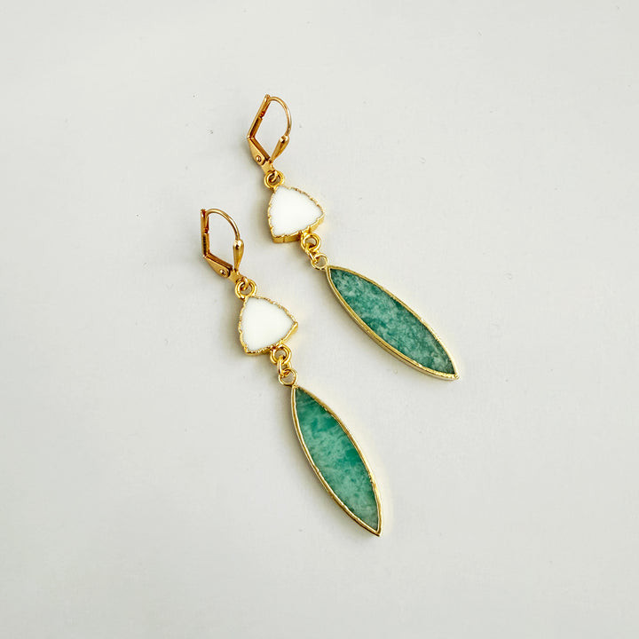 Amazonite and White Agate Stone Drop Earrings in Gold