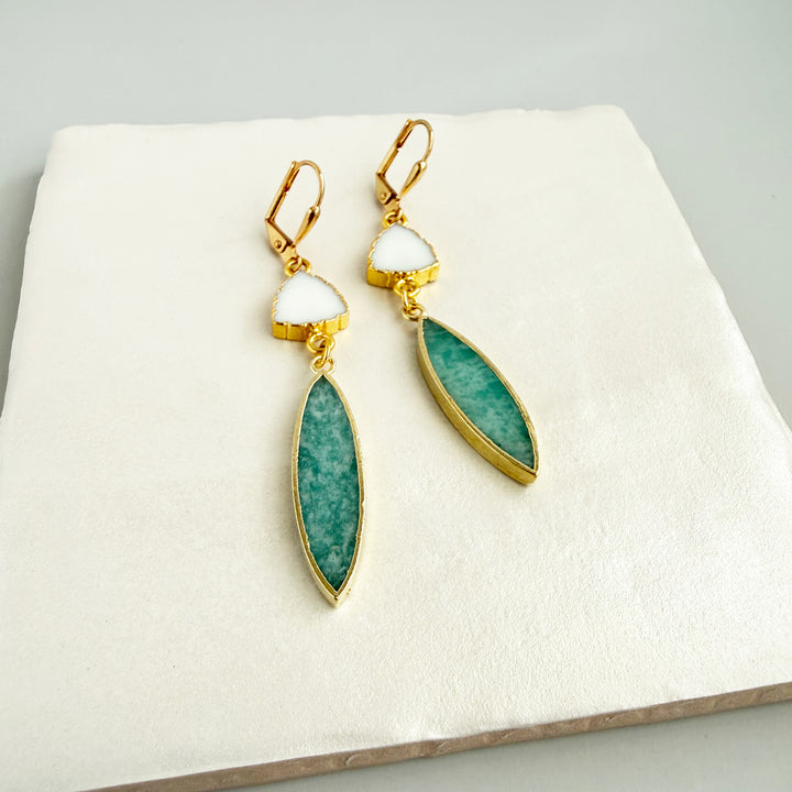 Amazonite and White Agate Stone Drop Earrings in Gold