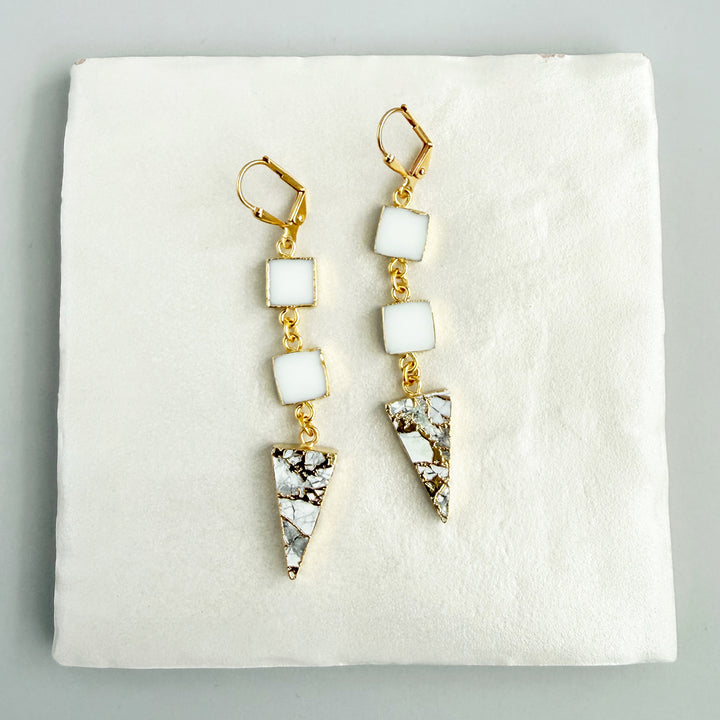 Long White Agate and Mojave Triangle Drop Earrings in Gold