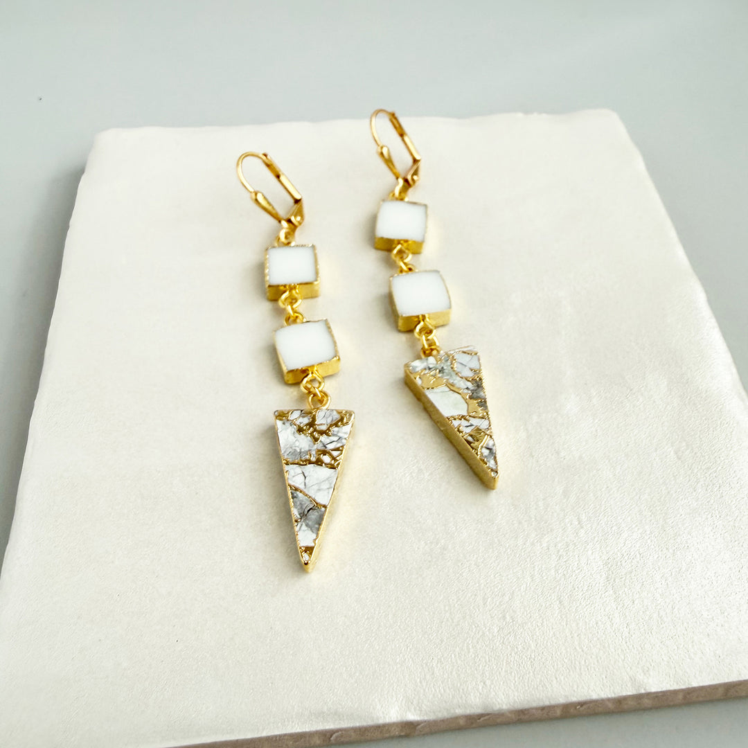 Long White Agate and Mojave Triangle Drop Earrings in Gold