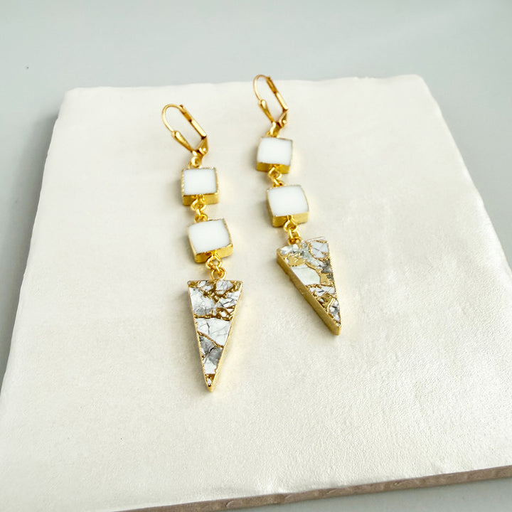 Long White Agate and Mojave Triangle Drop Earrings in Gold