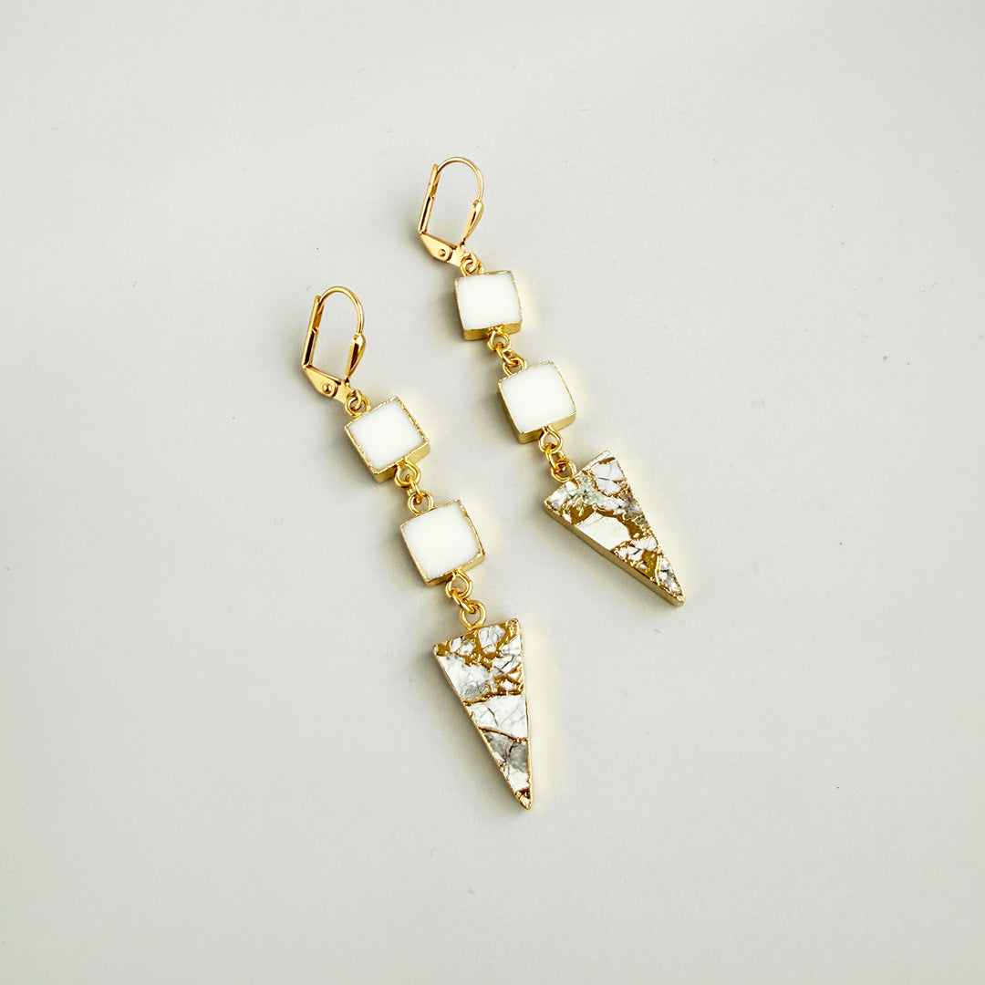 Long White Agate and Mojave Triangle Drop Earrings in Gold