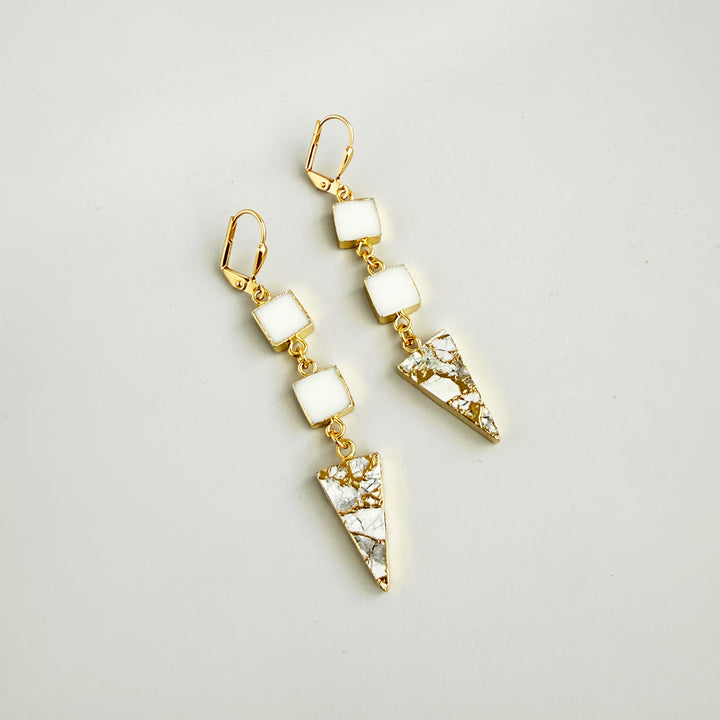 Long White Agate and Mojave Triangle Drop Earrings in Gold
