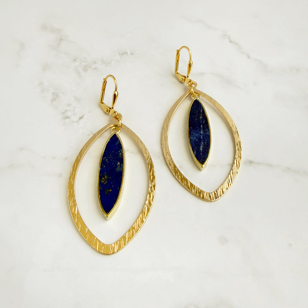Lapis Marquise Dangle Statement Earrings in Brushed Gold