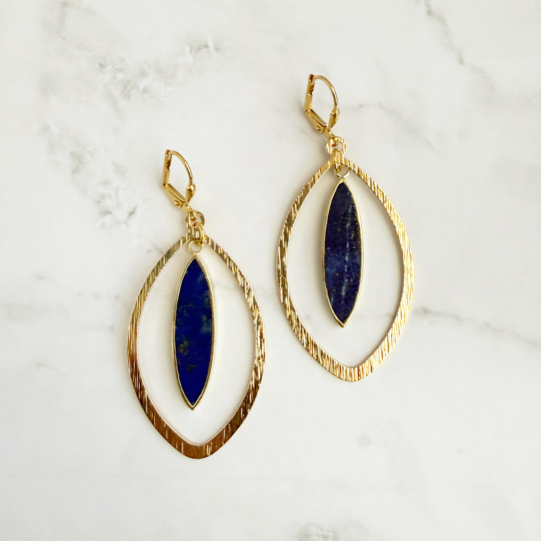 Lapis Marquise Dangle Statement Earrings in Brushed Gold