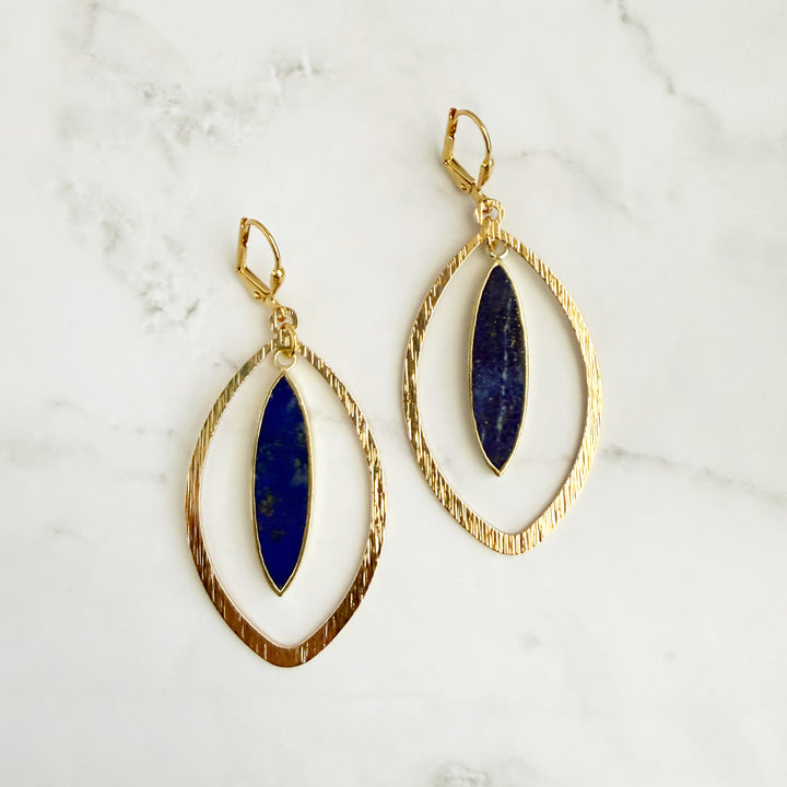 Lapis Marquise Dangle Statement Earrings in Brushed Gold
