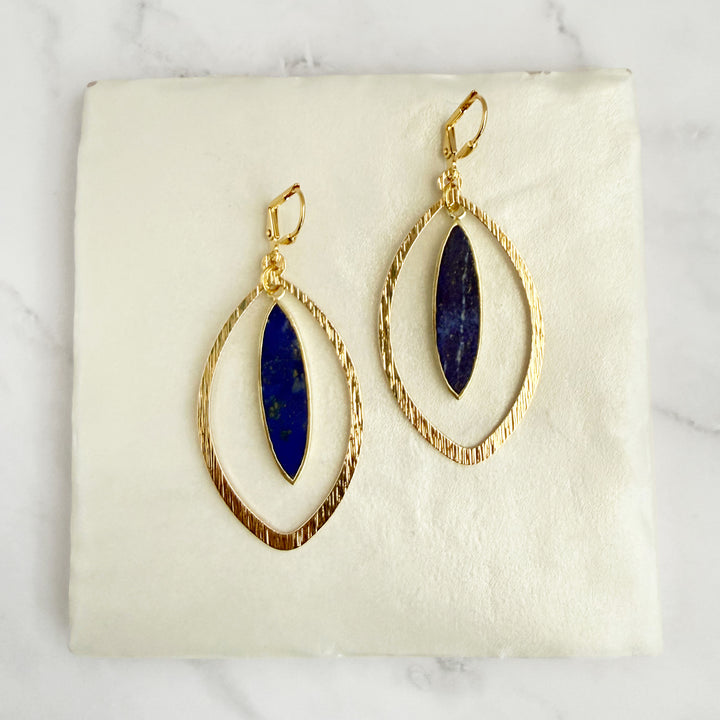 Lapis Marquise Dangle Statement Earrings in Brushed Gold