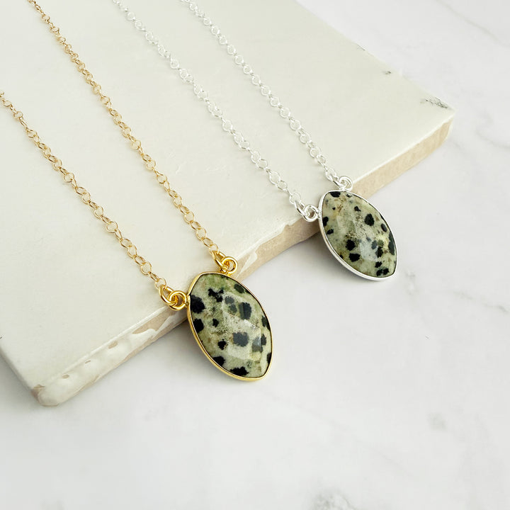 Dalmatian Jasper Vertical Marquise Bezel Necklace