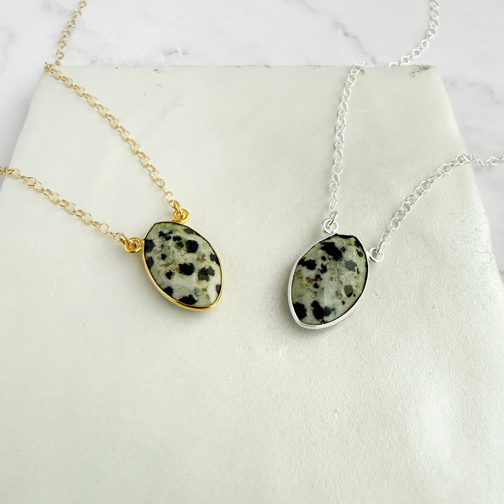 Dalmatian Jasper Vertical Marquise Bezel Necklace