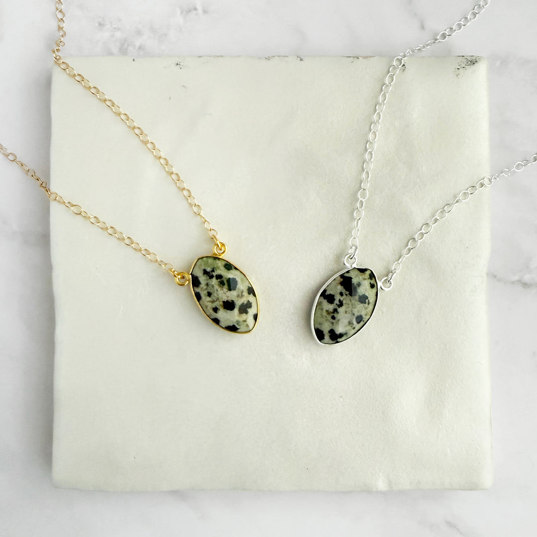 Dalmatian Jasper Vertical Marquise Bezel Necklace