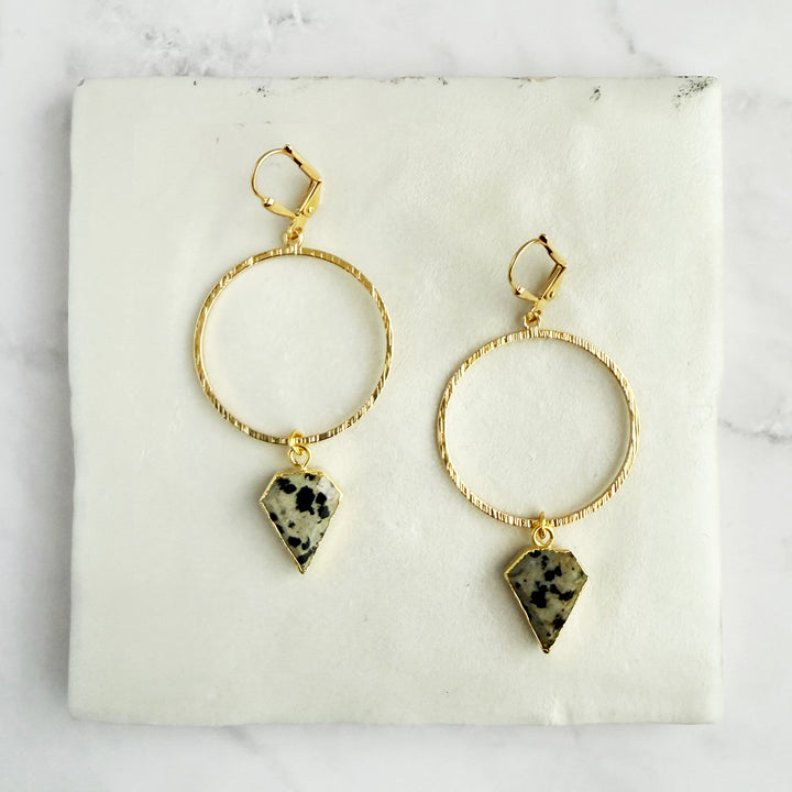 Dalmatian Jasper Shield Hoop Dangle Earrings