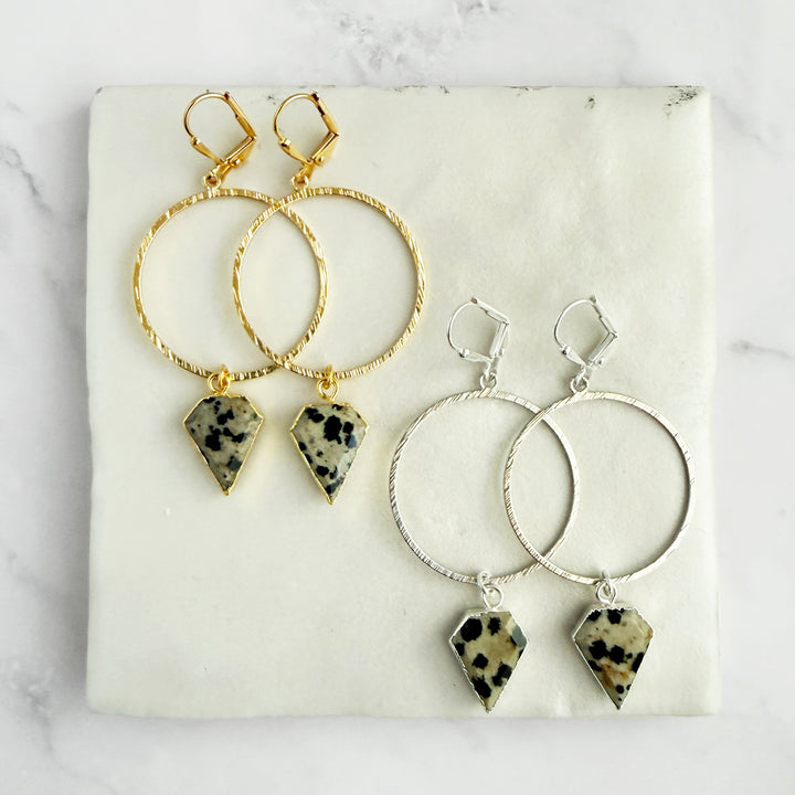 Dalmatian Jasper Shield Hoop Dangle Earrings