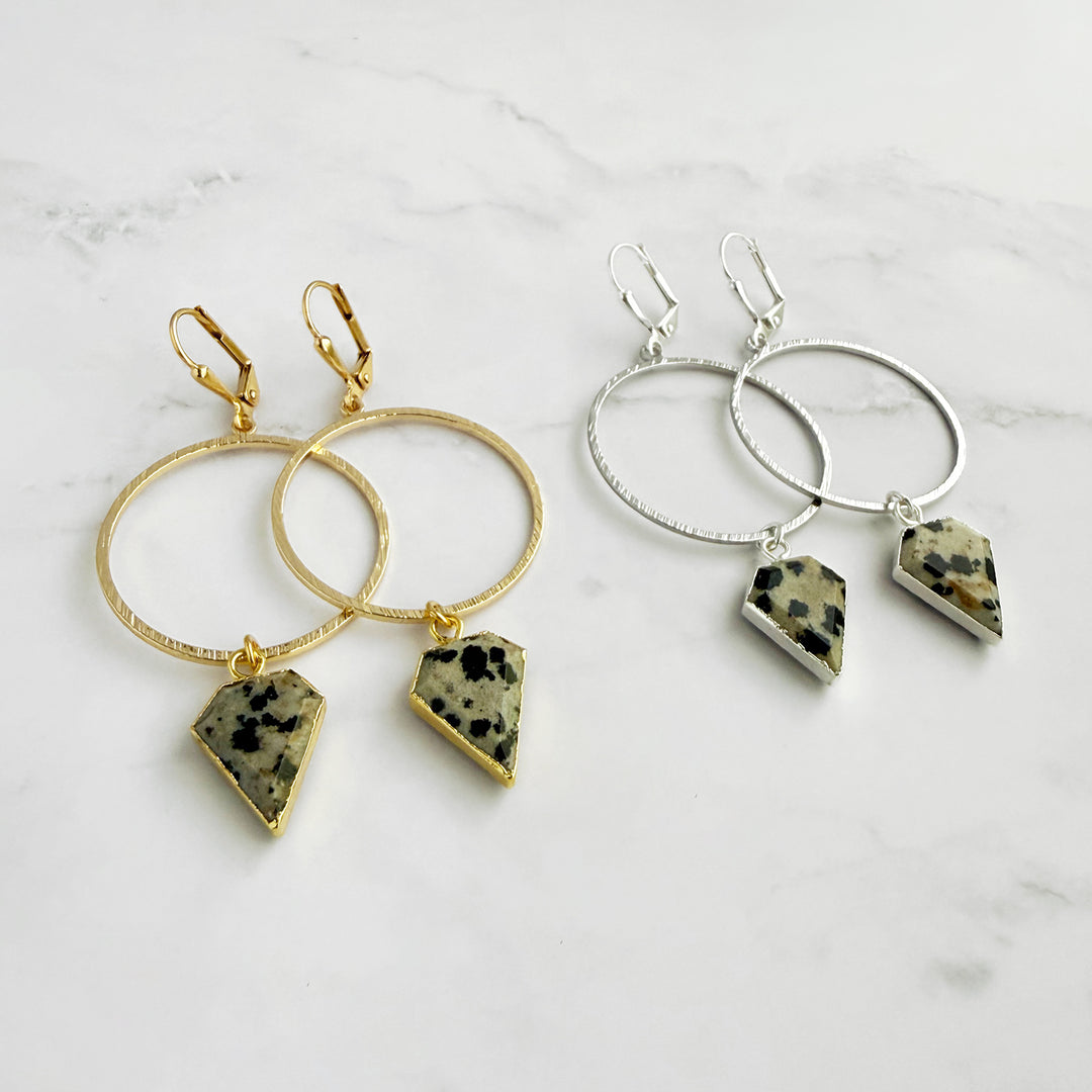 Dalmatian Jasper Shield Hoop Dangle Earrings