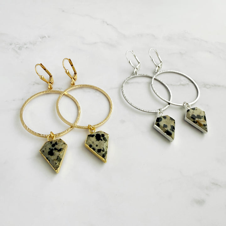 Dalmatian Jasper Shield Hoop Dangle Earrings