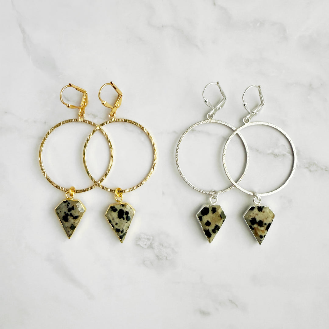 Dalmatian Jasper Shield Hoop Dangle Earrings