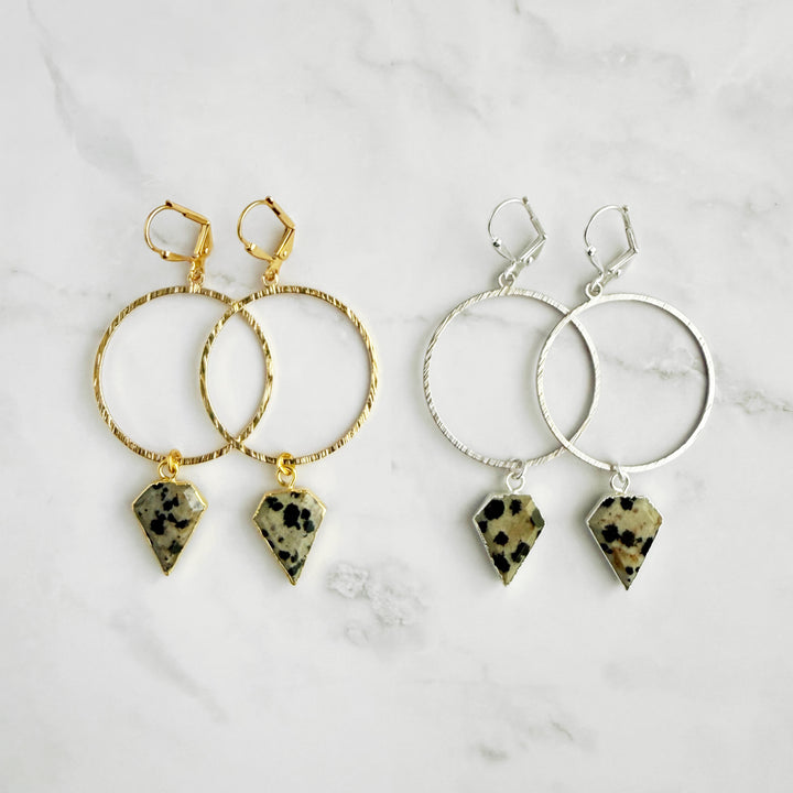 Dalmatian Jasper Shield Hoop Dangle Earrings