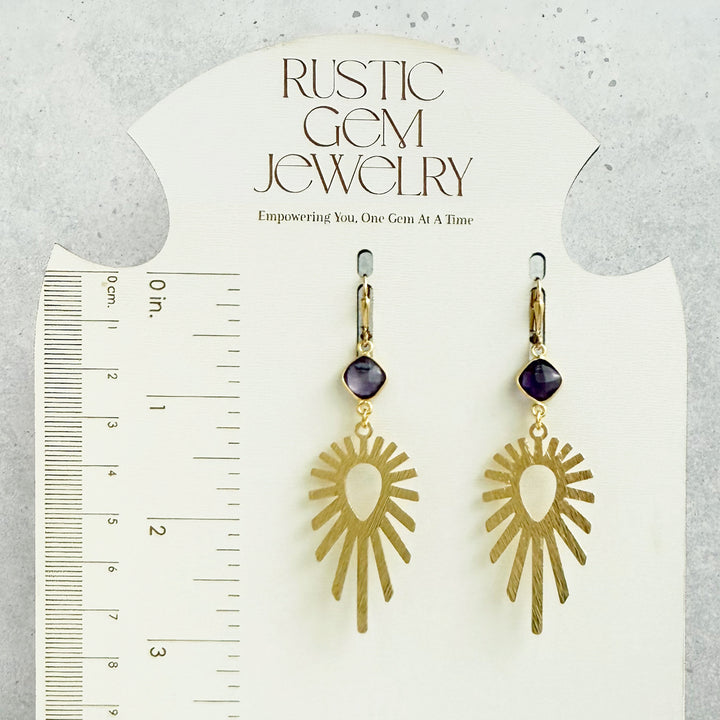 Amethyst Sunburst Statement Earrings in Brushed Gold