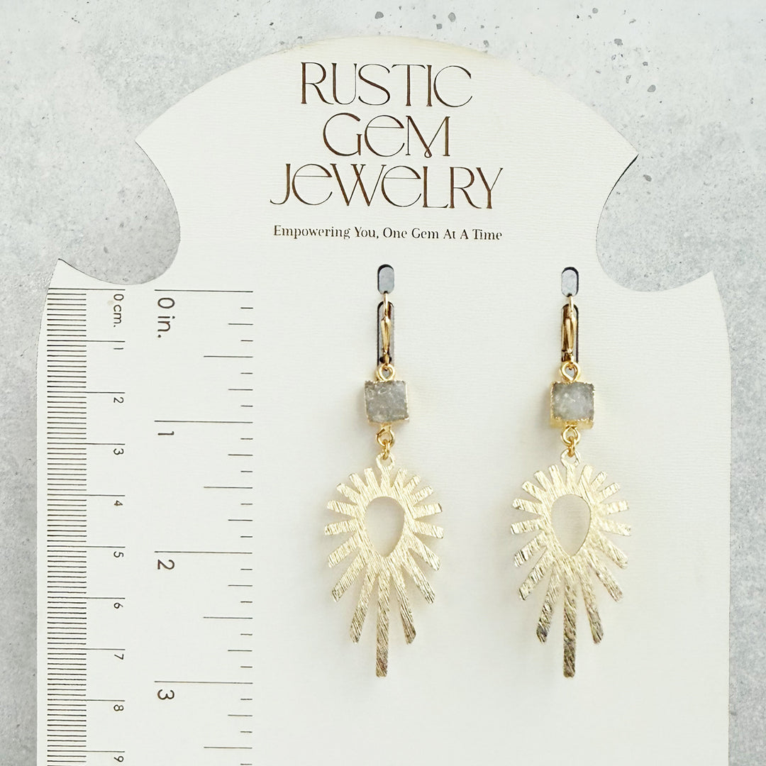 Gray Druzy Sunburst Statement Earrings in Brushed Gold