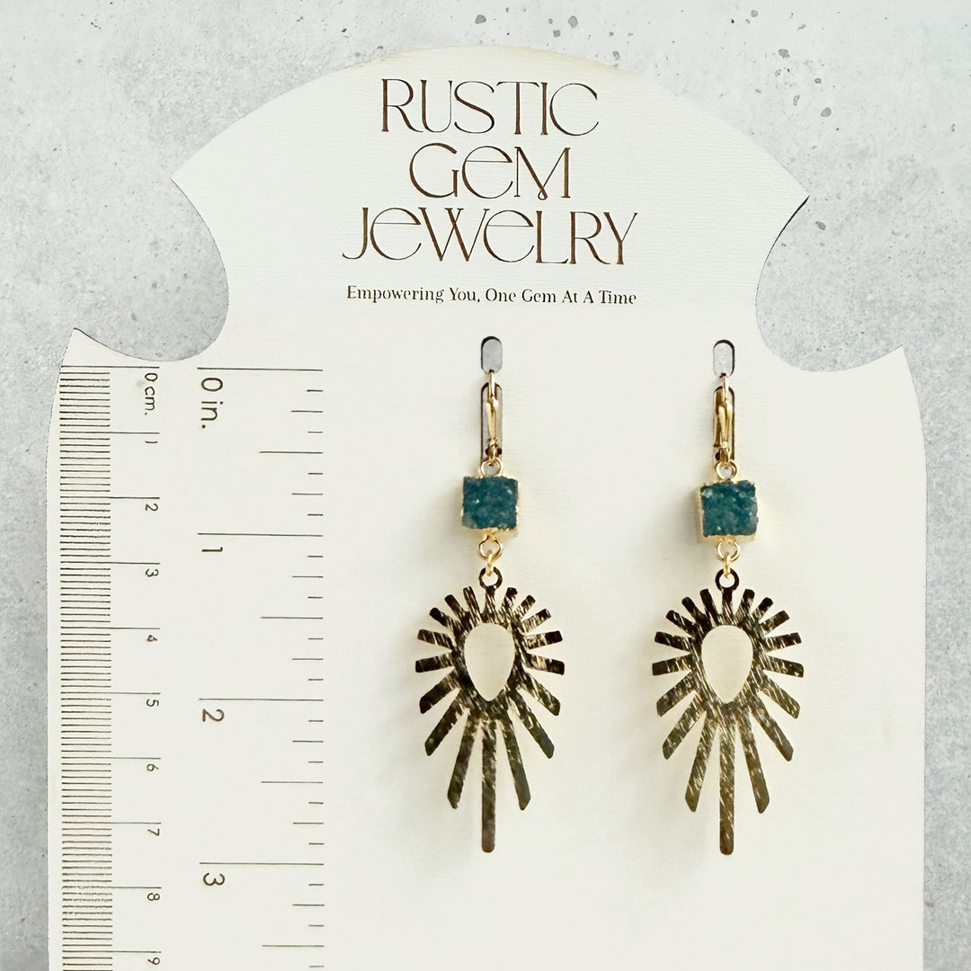 Teal Druzy Sunburst Statement Earrings in Brushed Gold