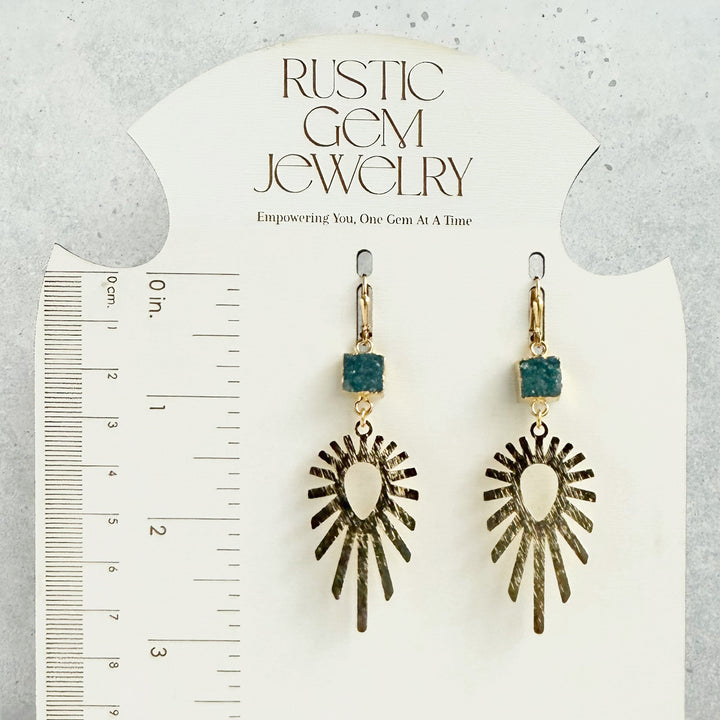 Teal Druzy Sunburst Statement Earrings in Brushed Gold