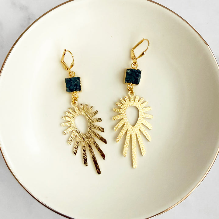 Teal Druzy Sunburst Statement Earrings in Brushed Gold
