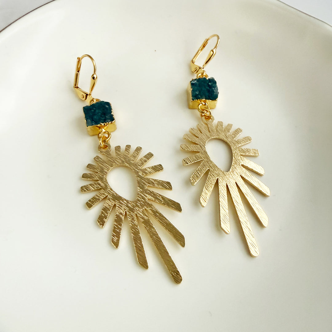 Teal Druzy Sunburst Statement Earrings in Brushed Gold