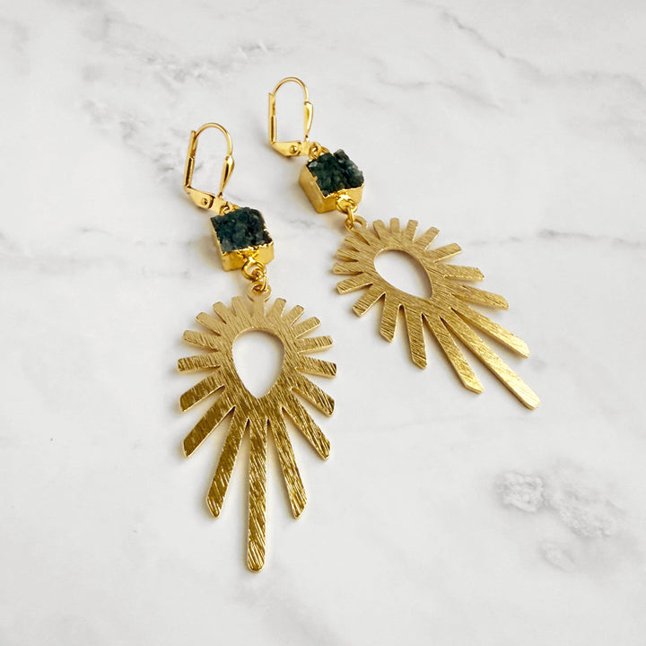 Teal Druzy Sunburst Statement Earrings in Brushed Gold